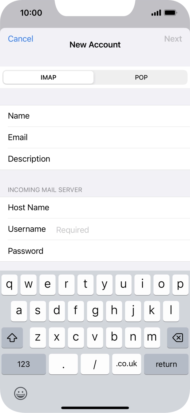 Press Username and key in the username for your email account.