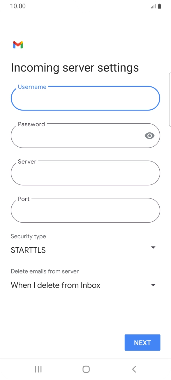 Press the field below 'Server' and key in the name of your email provider's incoming server. Press the field below 'Server' and key in the name of your email provider's incoming server.