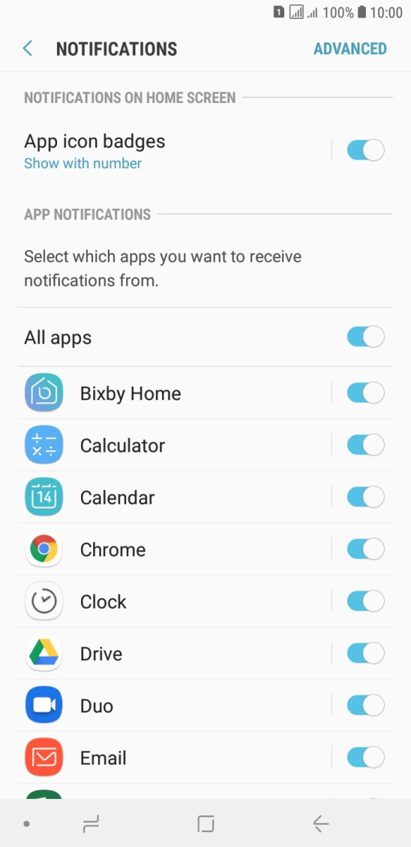 Press the indicator next to the required app to turn the function on or off.