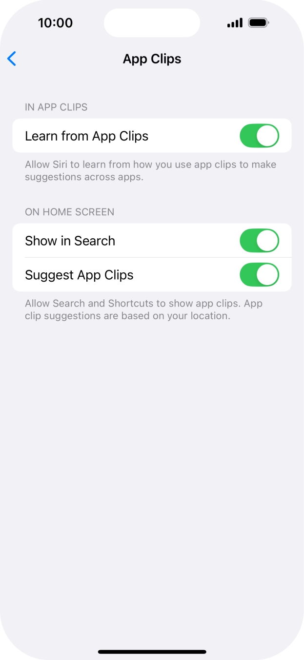 Press the indicators next to the required settings to turn them on or off.