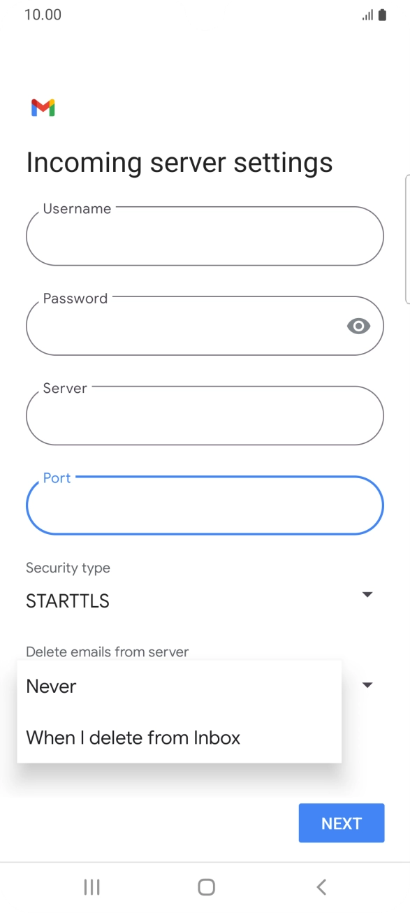 Press Never to keep emails on the server when you delete them on your phone. Press Never to keep emails on the server when you delete them on your phone.