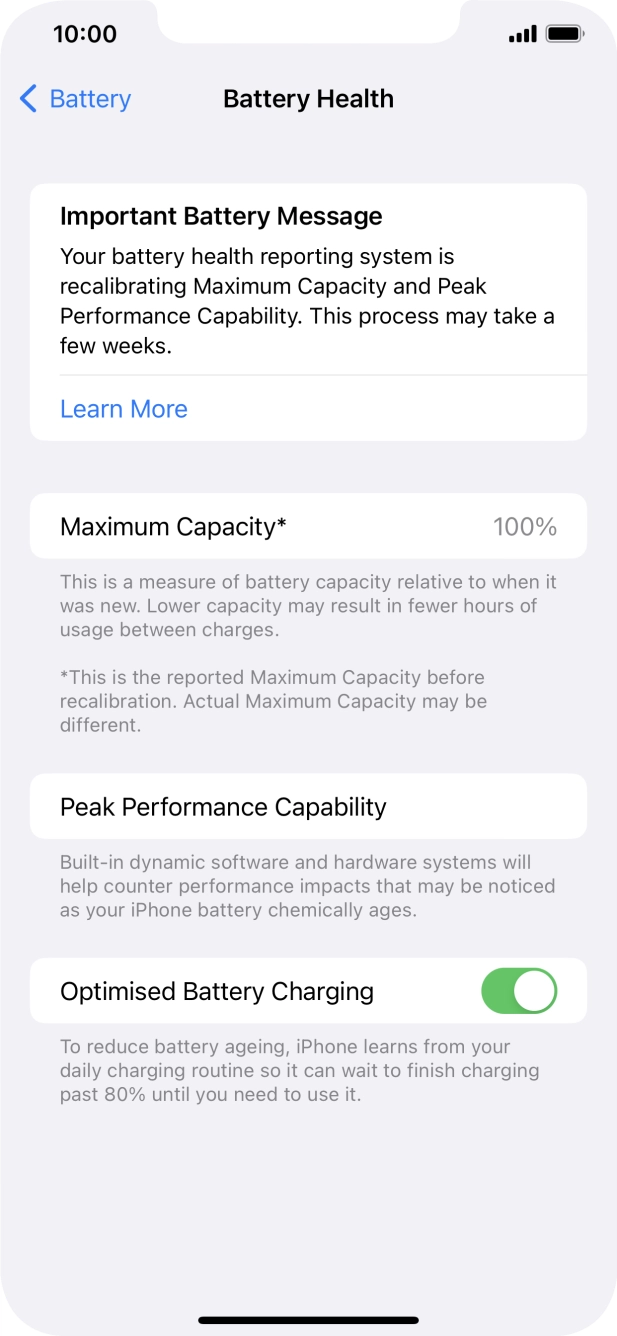 Press the indicator next to 'Optimised Battery Charging' to turn the function on or off.