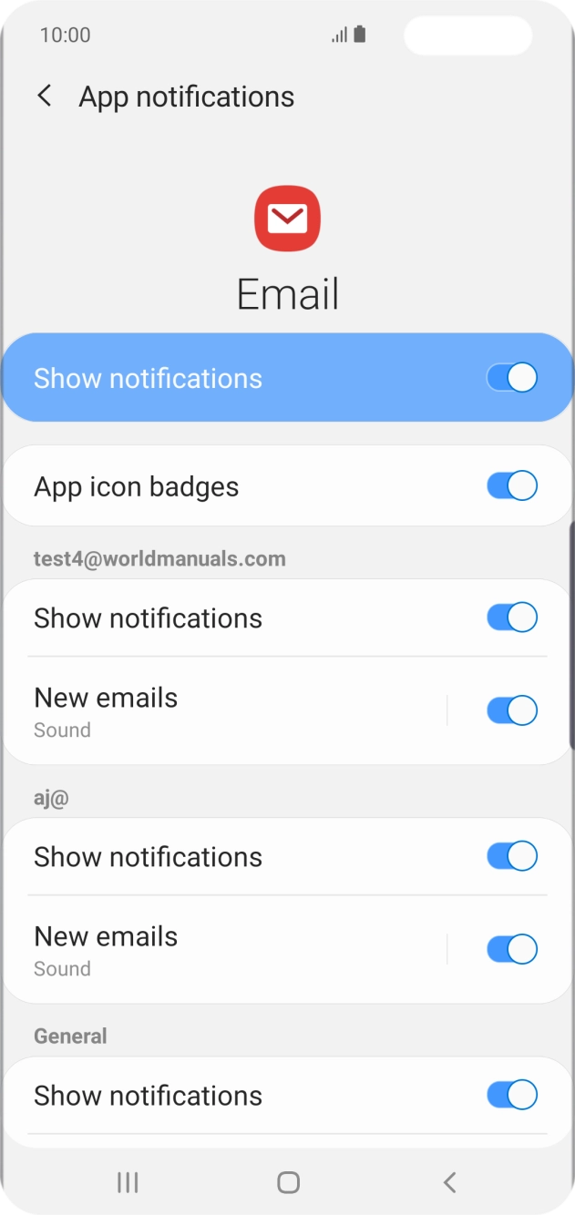 Press the indicator next to 'Show notifications' below the required email account to turn the function on or off. Press the indicator next to 'Show notifications' below the required email account to turn the function on or off.