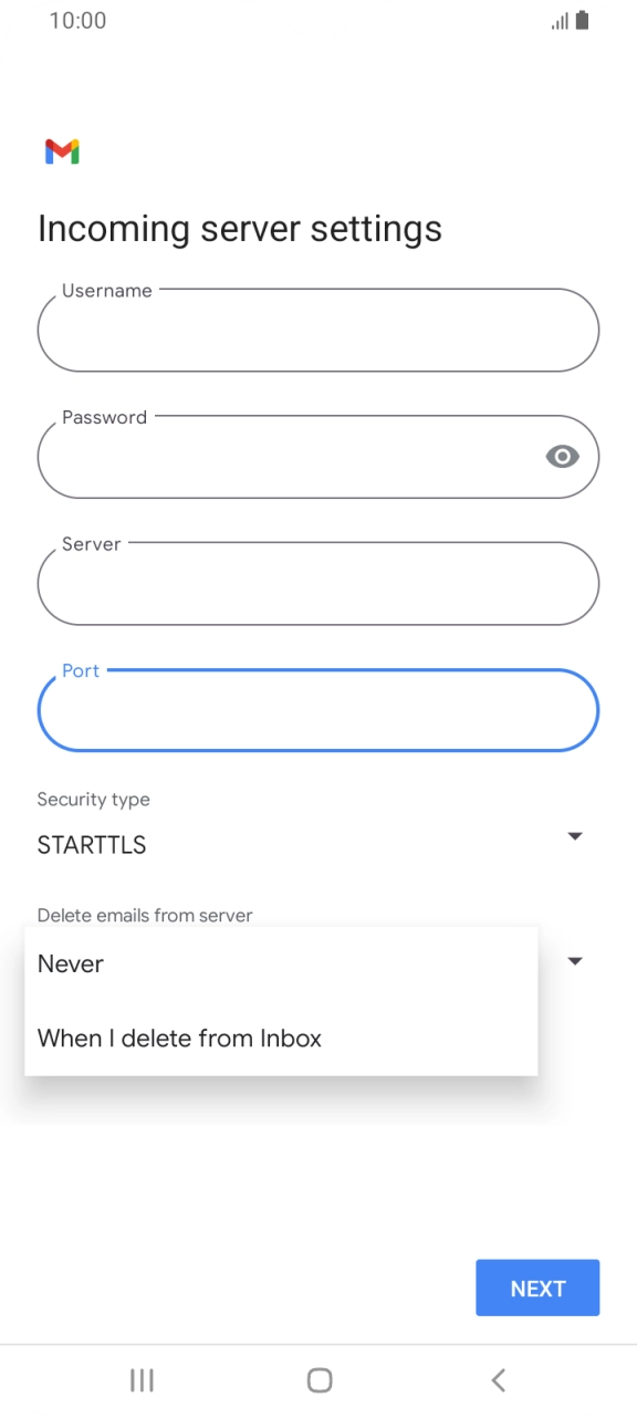 Press Never to keep emails on the server when you delete them on your phone. Press Never to keep emails on the server when you delete them on your phone.
