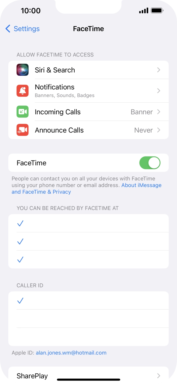Press the indicator next to 'FaceTime' to turn the function on or off.
