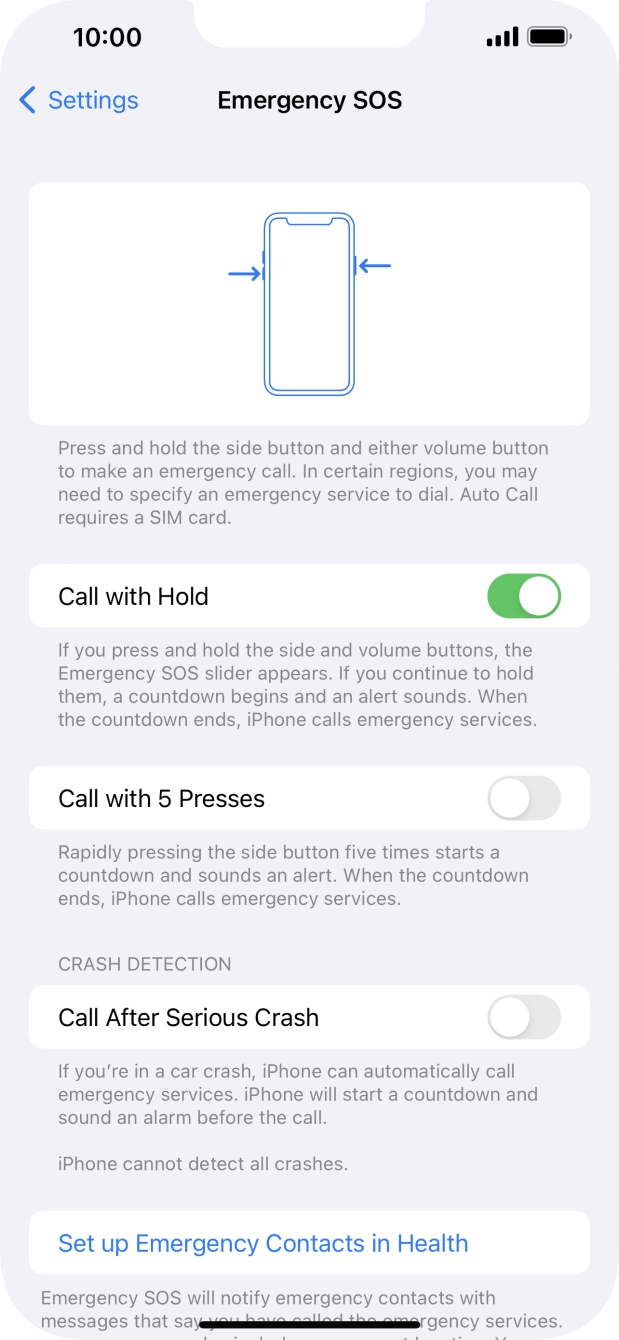 Press the indicator next to 'Call After Serious Crash' to turn on the function.