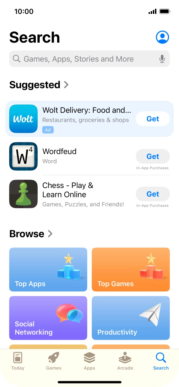 Press the search field and key in the name or subject of the required app.