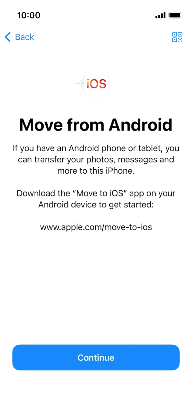To transfer content to your phone, you need to install the app 'Move to iOS' on the Android phone. When the app is installed, press Continue.
