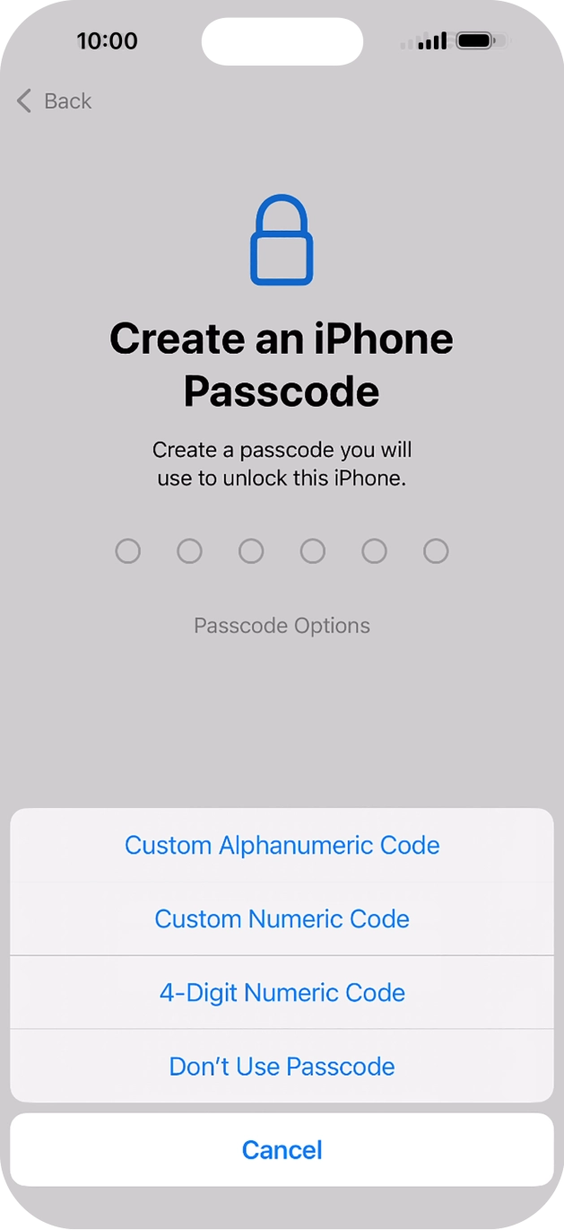 Follow the instructions on the screen to turn on the lock code or press Don't Use Passcode.