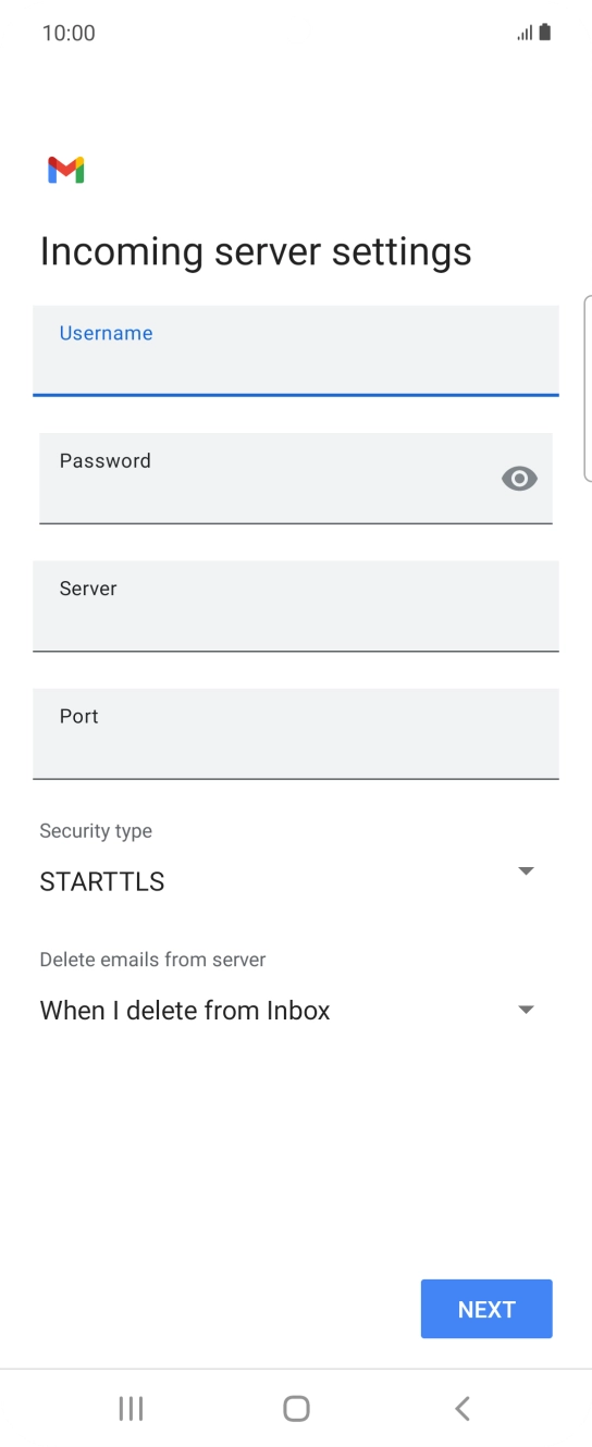 Press the field below 'Server' and key in the name of your email provider's incoming server. Press the field below 'Server' and key in the name of your email provider's incoming server.