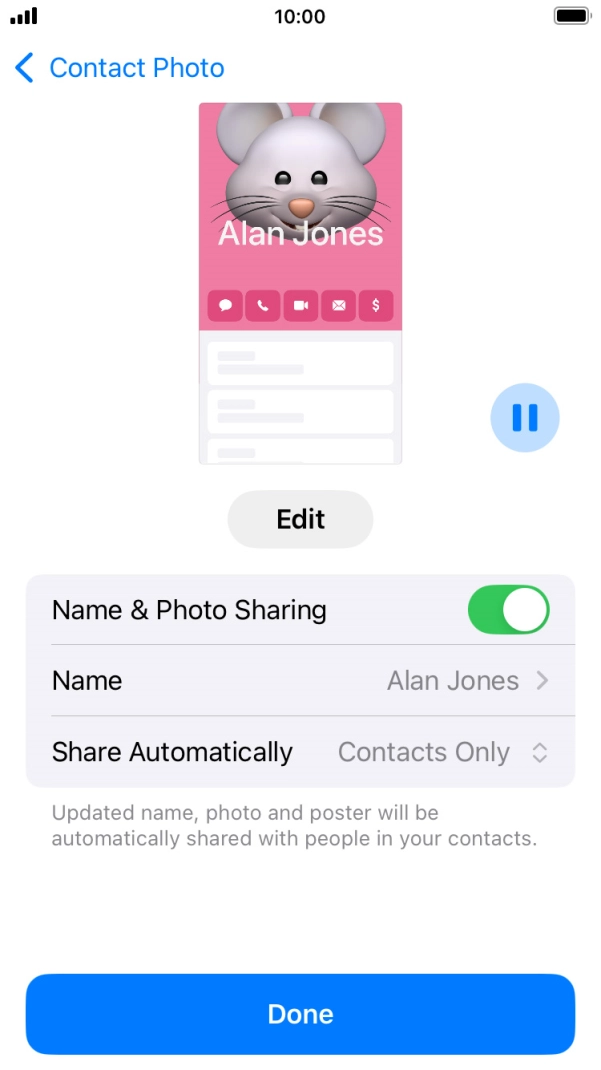 Press the indicator next to 'Name & Photo Sharing' to turn the function on or off.