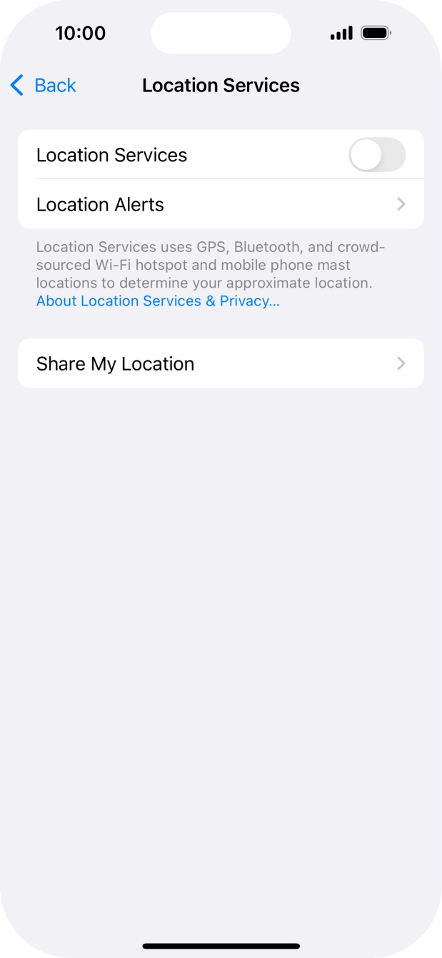 Press the indicator next to 'Location Services' to turn the function on or off.