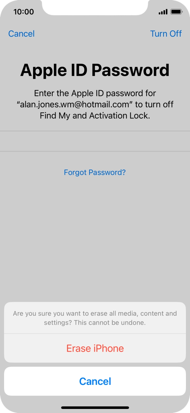 Key in the password for your Apple ID and press Erase iPhone. Wait a moment while the factory default settings are restored. Follow the instructions on the screen to set up your phone and prepare it for use.