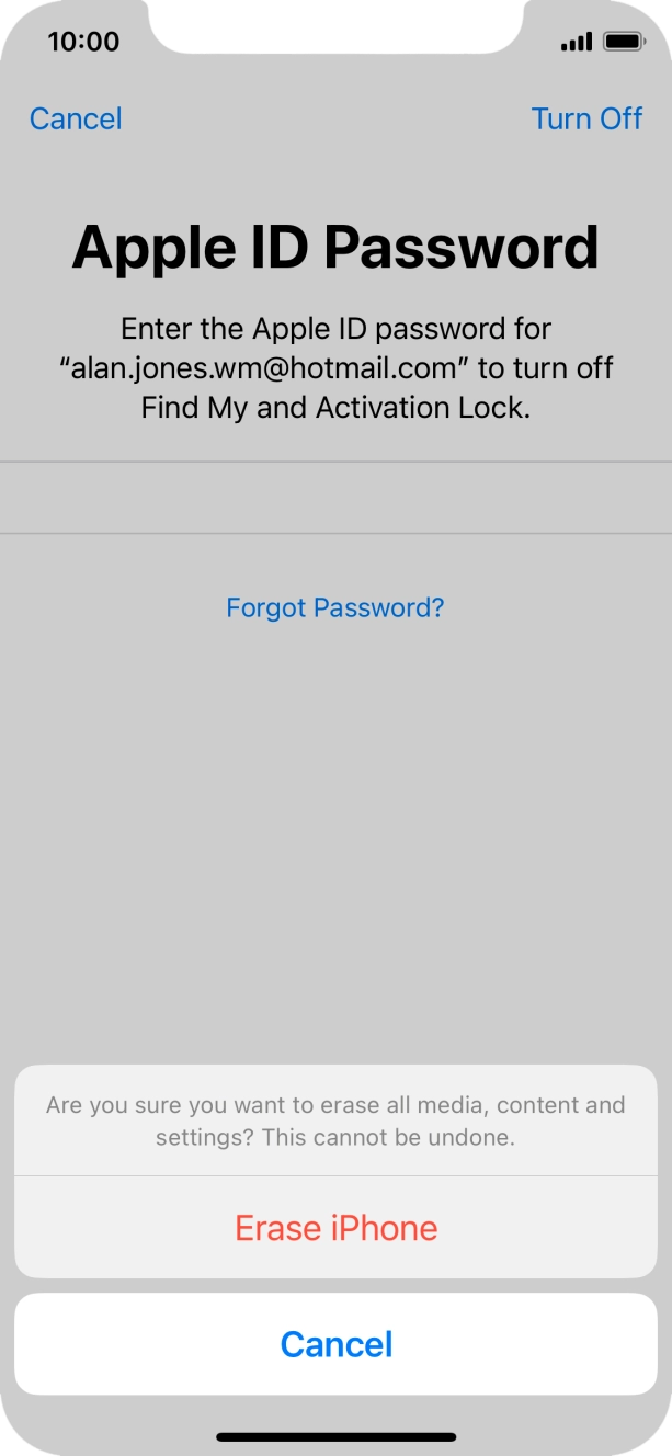 Key in the password for your Apple ID and press Erase iPhone. Wait a moment while the factory default settings are restored. Follow the instructions on the screen to set up your phone and prepare it for use.