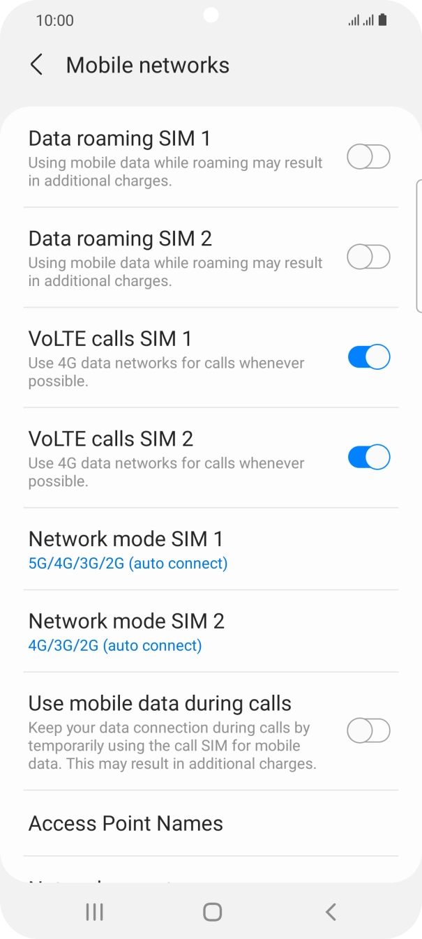 Press the indicator next to 'Data roaming ‹SIM›' to turn the function on or off. Press the indicator next to 'Data roaming ‹SIM›' to turn the function on or off.