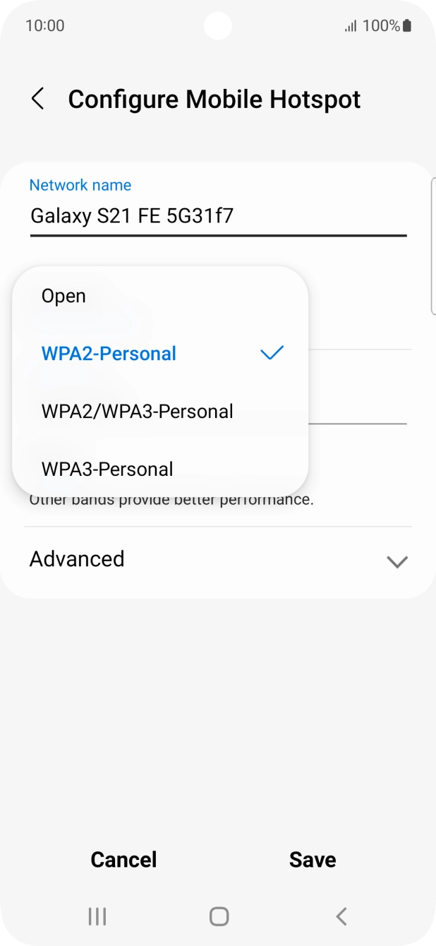 Press WPA3-Personal to password protect your WiFi hotspot. Press WPA3-Personal to password protect your WiFi hotspot.