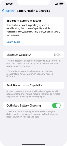 Press the indicator next to 'Optimised Battery Charging' to turn the function on or off.