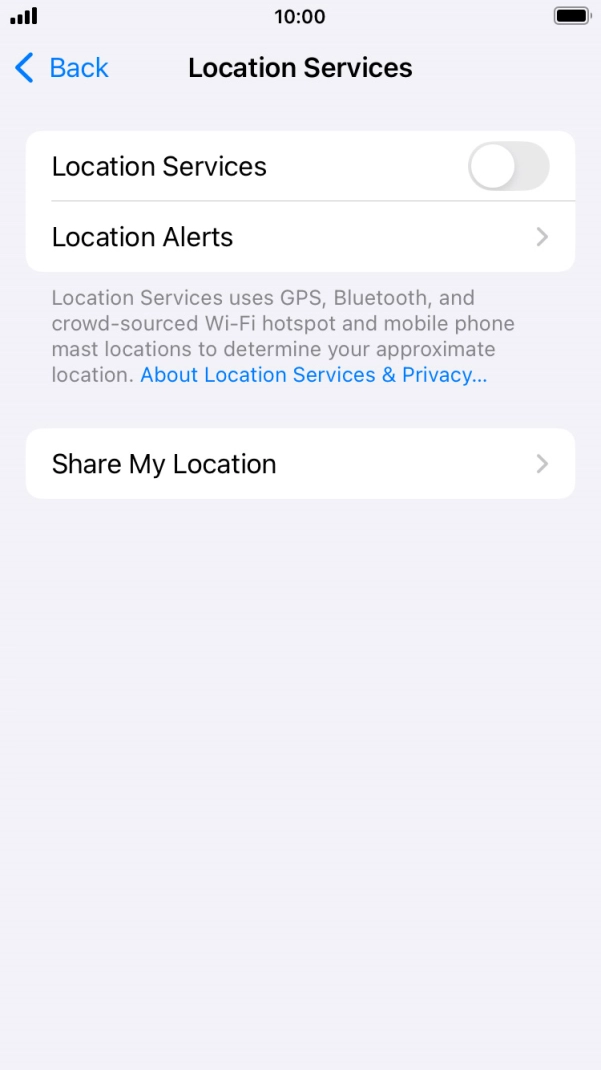 Press the indicator next to 'Location Services' to turn the function on or off.