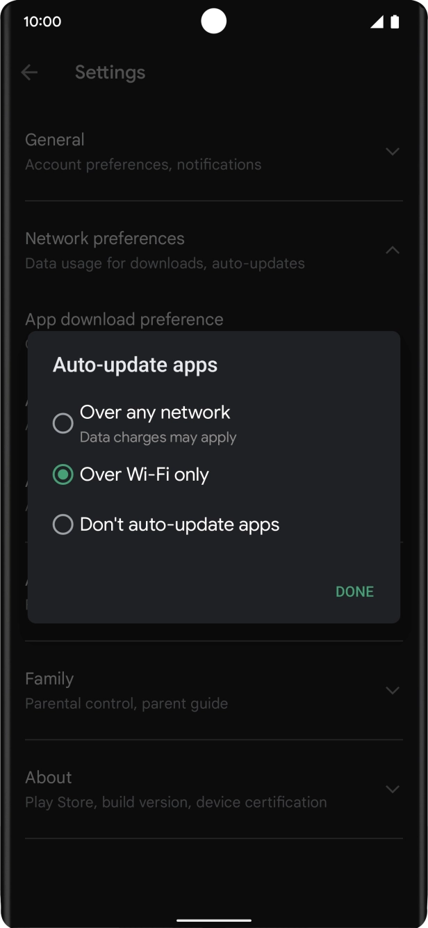 To turn on automatic update of apps using mobile network, press Over any network.