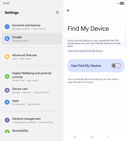 Press the indicator next to 'Use Find My Device' to turn on the function.