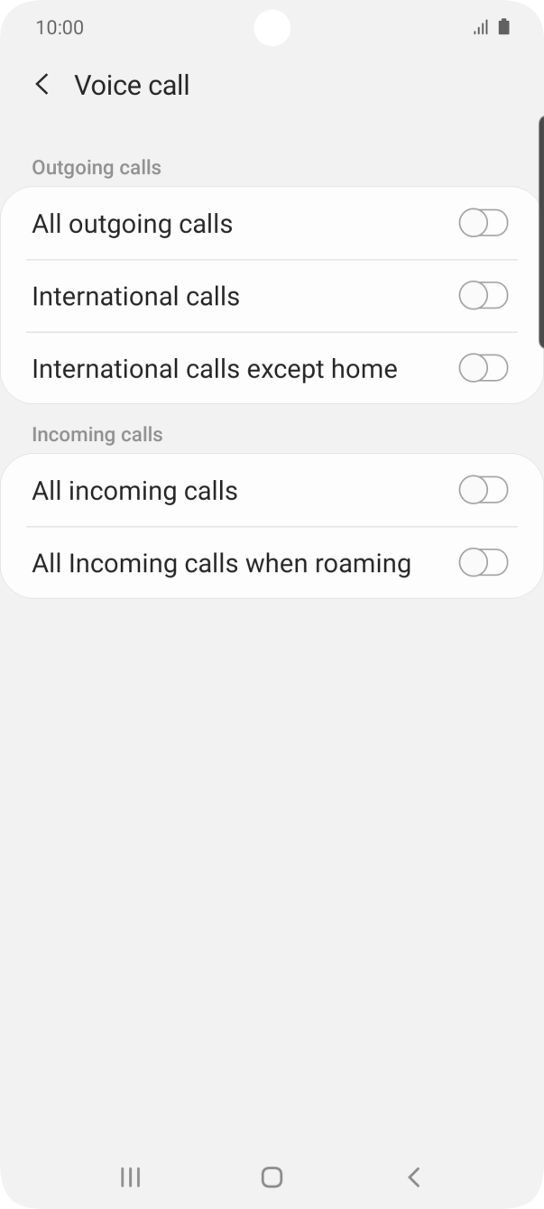 Press the indicator next to the required barring type to turn the function on or off.