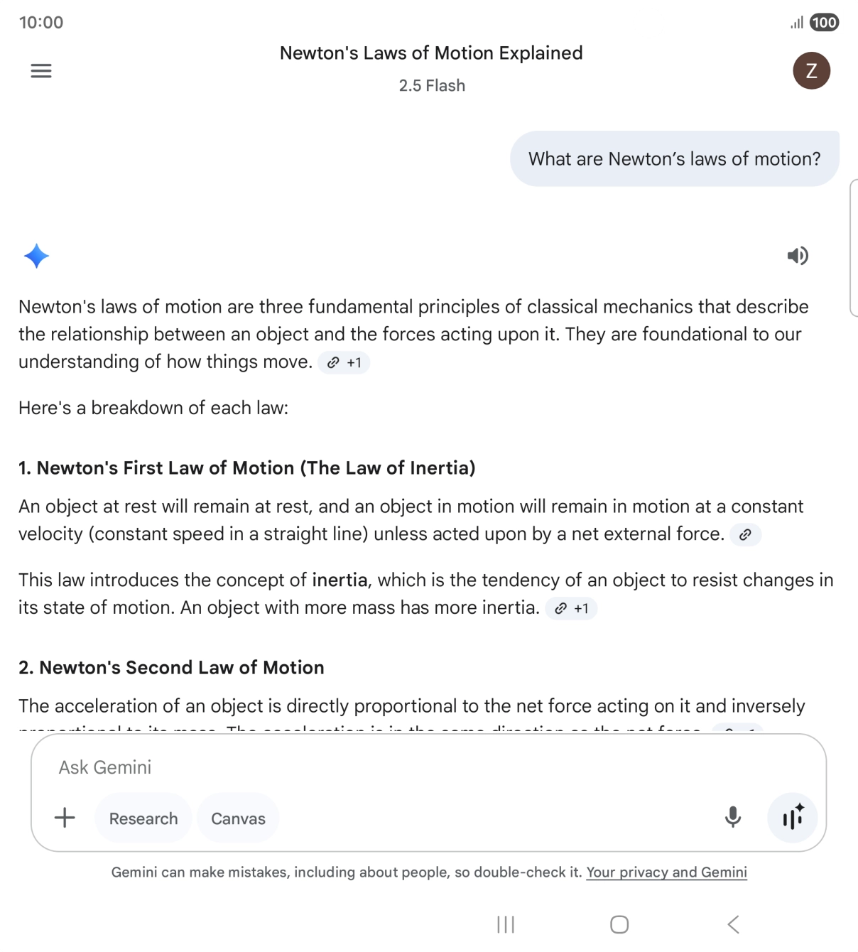 Transcription of the conversation with Gemini Live is now displayed.