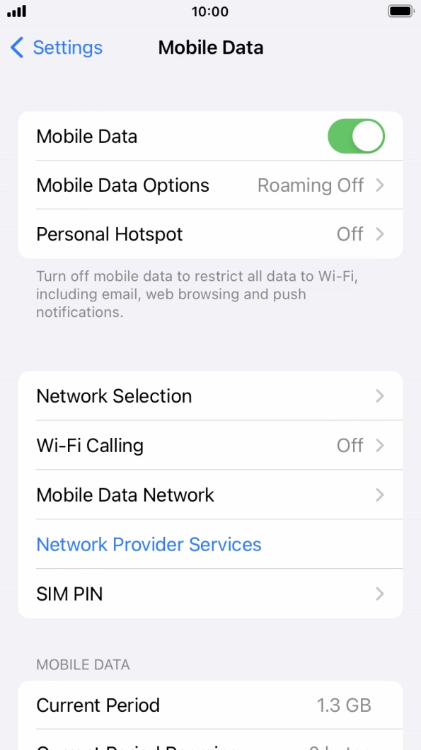 Press the indicator next to 'Mobile Data' to turn the function on or off.