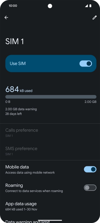 Press the indicator next to 'Roaming' to turn the function on or off.