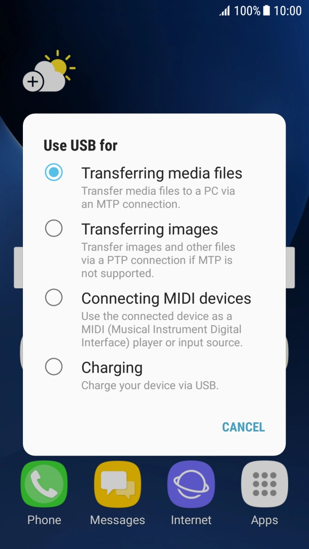 Press Transferring media files to turn on the function. Press Transferring media files to turn on the function.