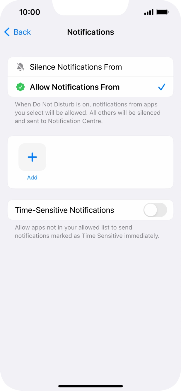 Press the indicator next to 'Time-Sensitive Notifications' to turn display of timed notifications on or off when Do Not Disturb is turned on. Press the indicator next to 'Time-Sensitive Notifications' to turn display of timed notifications on or off when Do Not Disturb is turned on.