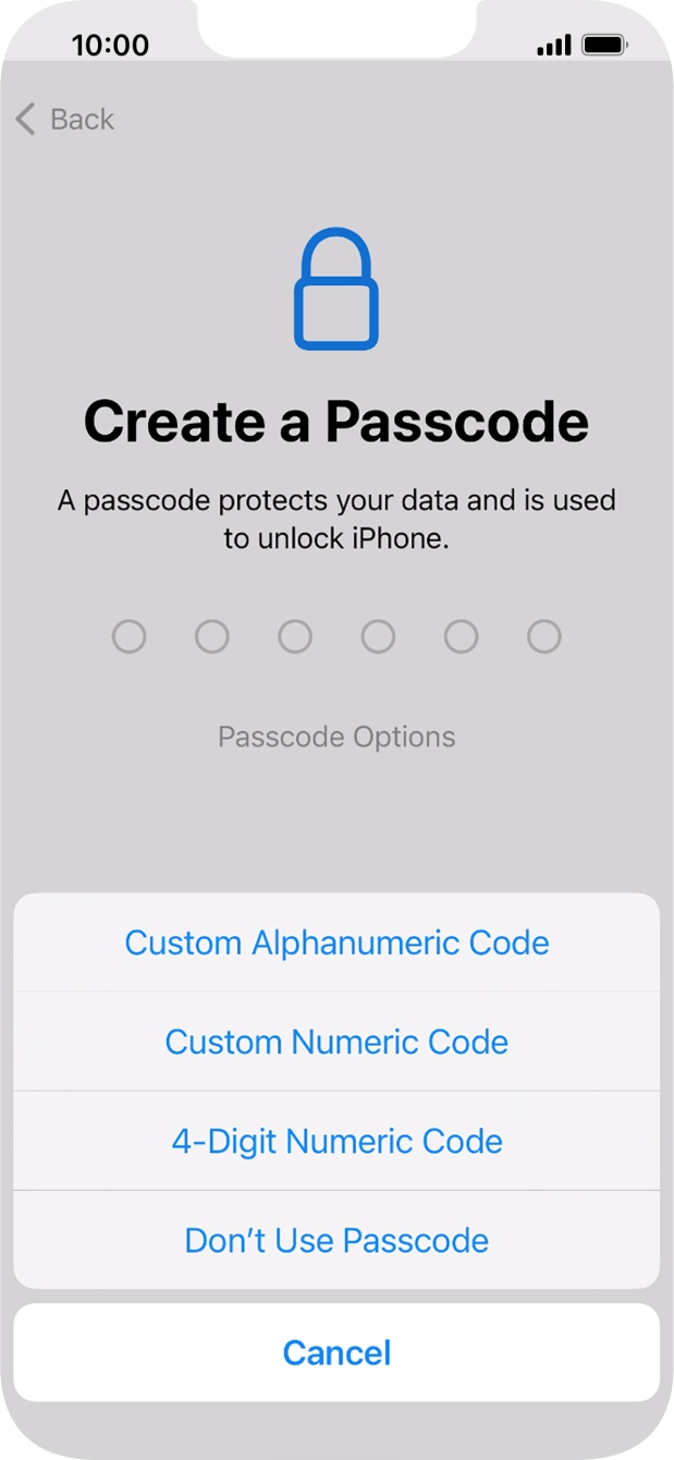 Follow the instructions on the screen to turn on the phone lock code or press Don't Use Passcode.