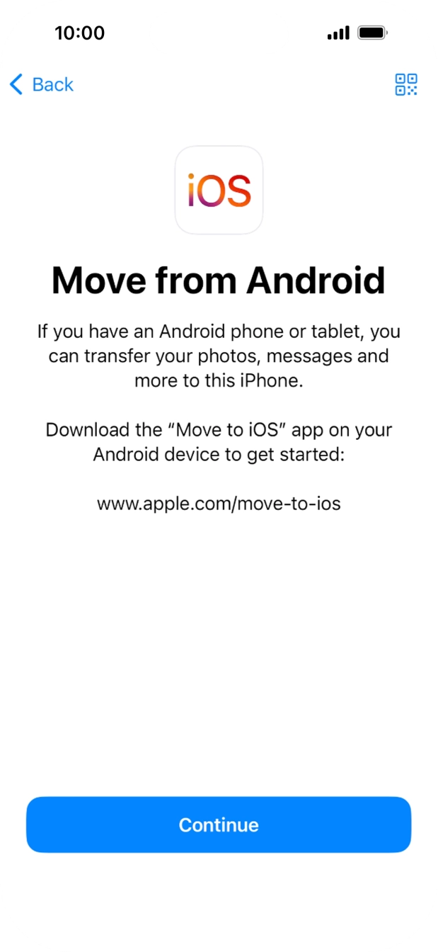 To transfer content to your phone, you need to install the app 'Move to iOS' on the Android phone. When the app is installed, press Continue.