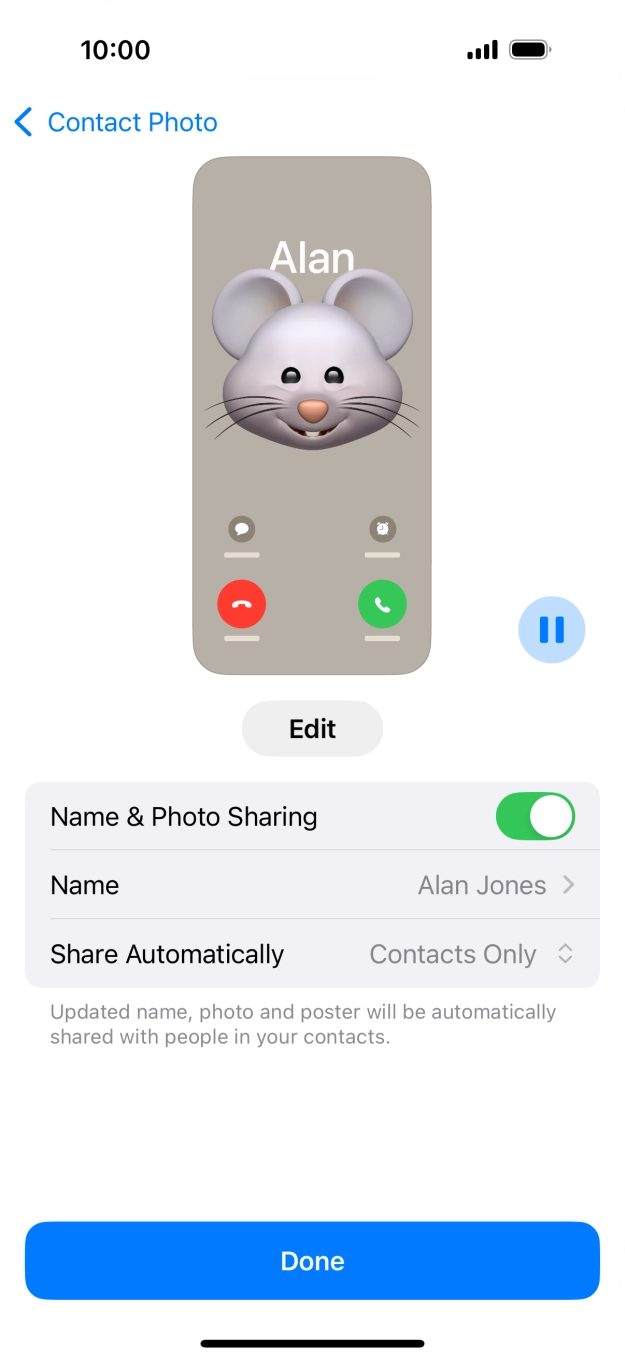Press the indicator next to 'Name & Photo Sharing' to turn the function on or off.