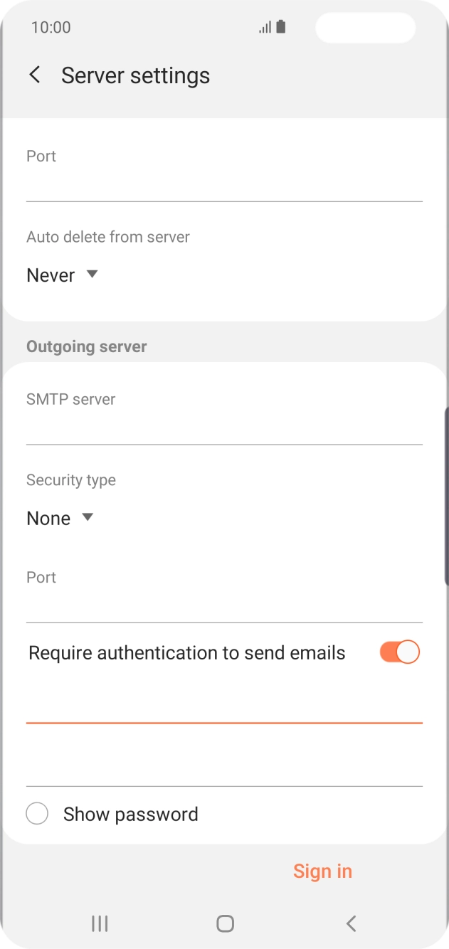 Press the second field below 'Require authentication to send emails' and key in the password for your email provider's outgoing server. Press the second field below 'Require authentication to send emails' and key in the password for your email provider's outgoing server.