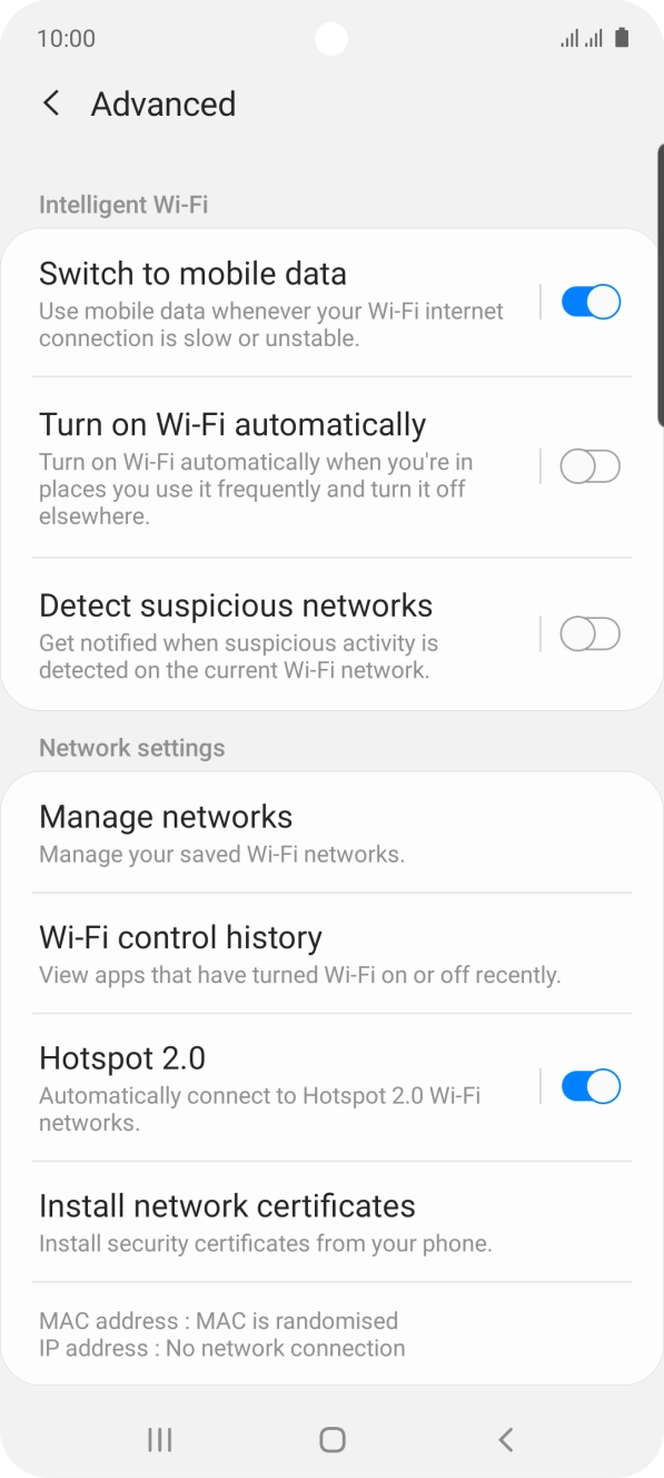 Press the indicator next to 'Switch to mobile data' to turn the function on or off. Press the indicator next to 'Switch to mobile data' to turn the function on or off.