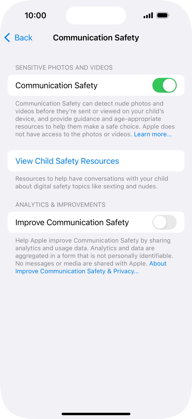 Press the indicator next to 'Communication Safety' to turn the function on or off.
