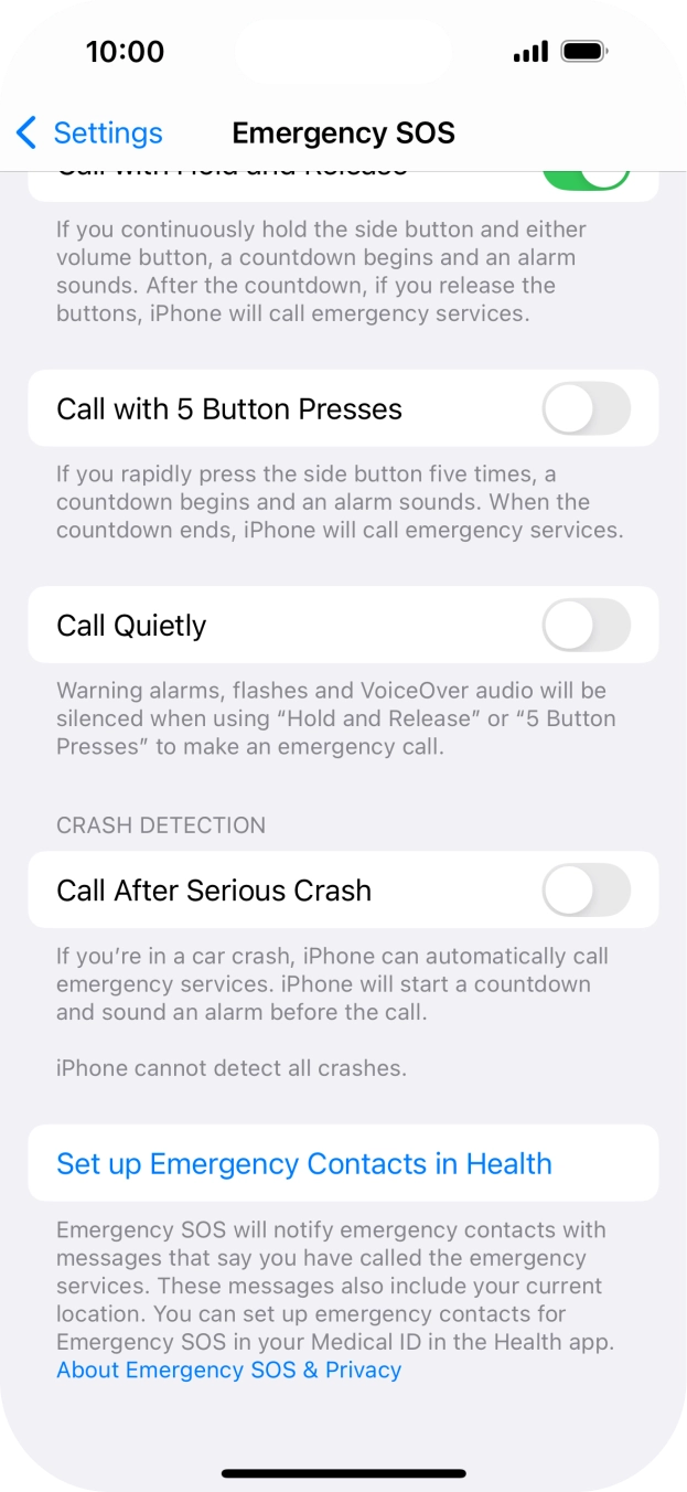 Press the indicator next to 'Call After Serious Crash' to turn on the function.