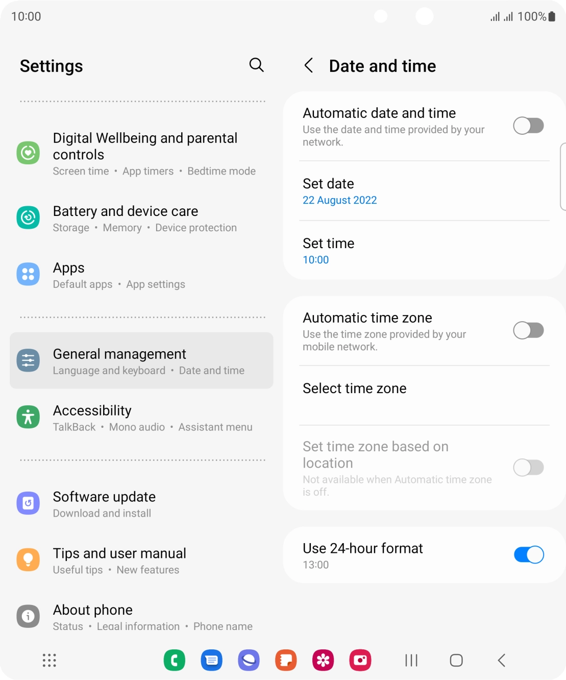 Press the indicator next to 'Automatic date and time' to turn on the function.