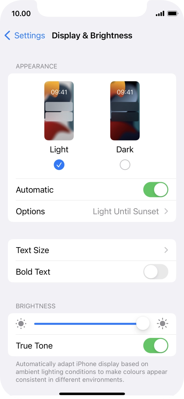 If you turn on the function, press Options and follow the instructions on the screen to select the required period of time for Dark Mode. If you turn on the function, press Options and follow the instructions on the screen to select the required period of time for Dark Mode.