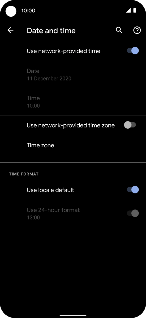 Press the indicator next to 'Use network-provided time zone' to turn on the function.