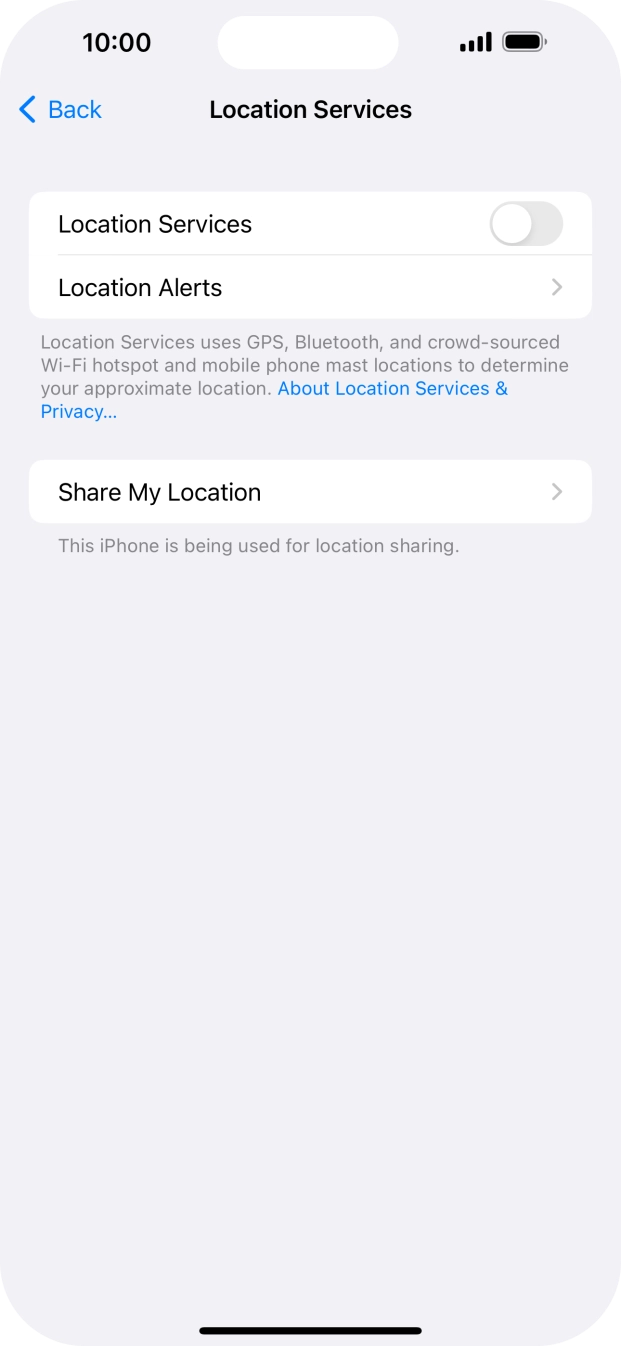 Press the indicator next to 'Location Services' to turn the function on or off. Press the indicator next to 'Location Services' to turn the function on or off.