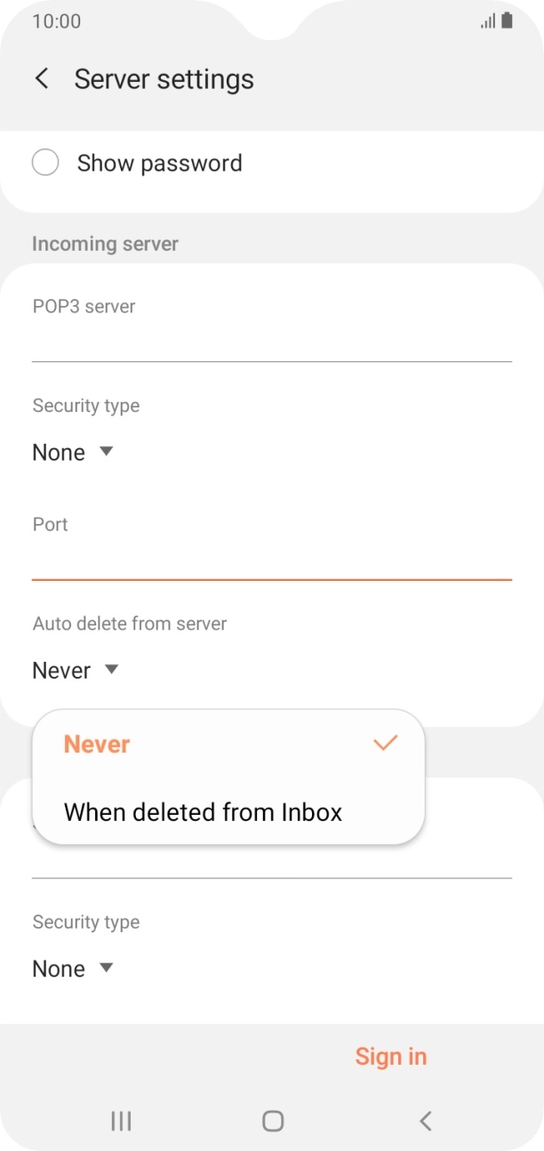 Press Never to keep emails on the server when you delete them on your phone. Press Never to keep emails on the server when you delete them on your phone.