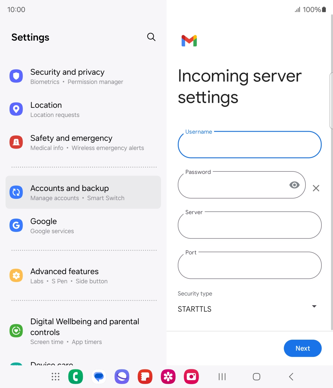 Press the field below 'Server' and key in the name of your email provider's incoming server. Press the field below 'Server' and key in the name of your email provider's incoming server.