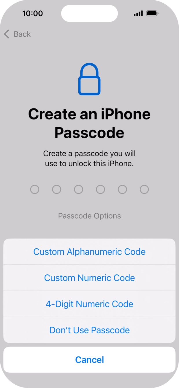 Follow the instructions on the screen to turn on the phone lock code or press Don't Use Passcode.