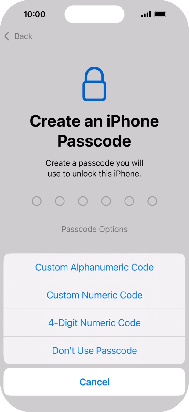 Follow the instructions on the screen to turn on the phone lock code or press Don't Use Passcode.