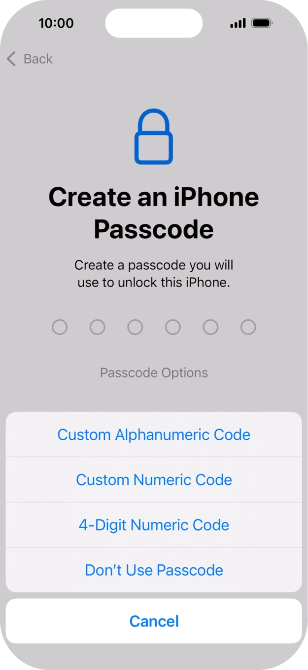 Follow the instructions on the screen to turn on the phone lock code or press Don't Use Passcode.