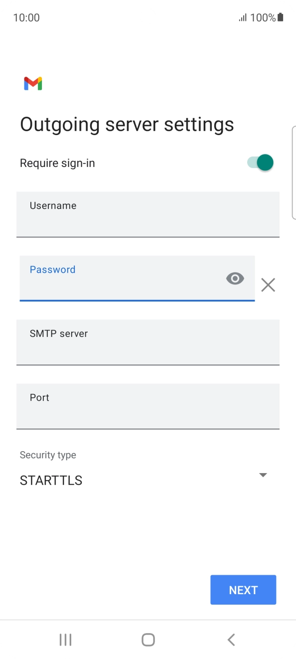 Press the field below 'SMTP server' and key in the name of your email provider's outgoing server. Press the field below 'SMTP server' and key in the name of your email provider's outgoing server.