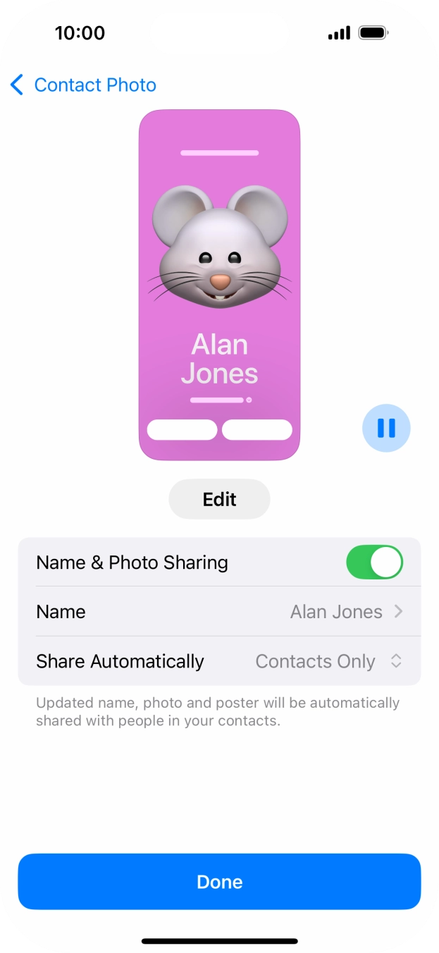 Press the indicator next to 'Name & Photo Sharing' to turn the function on or off. Press the indicator next to 'Name & Photo Sharing' to turn the function on or off.
