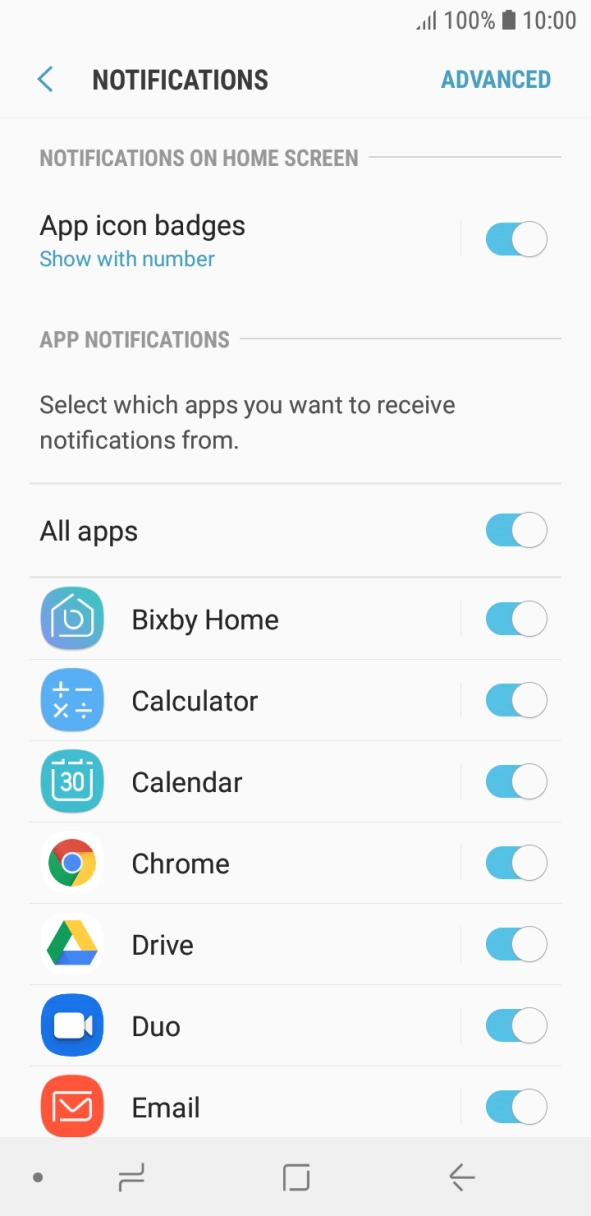 Press the indicator next to the required app to turn the function on or off. Press the indicator next to the required app to turn the function on or off.