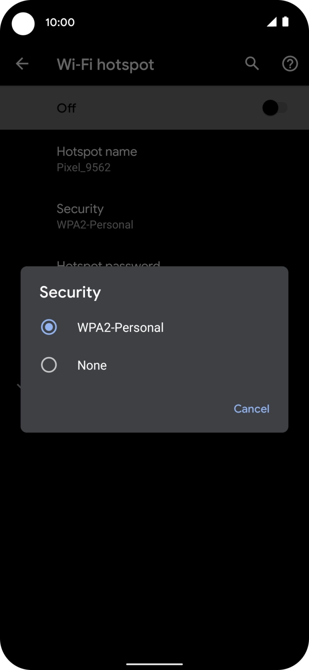 Press WPA2-Personal to password protect your WiFi hotspot. Press WPA2-Personal to password protect your WiFi hotspot.